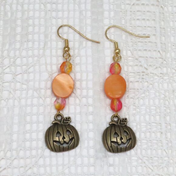 Handmade Halloween Dangle Earrings with Bronze Pumpkins & Orange Beads for Women - Picture 1 of 7
